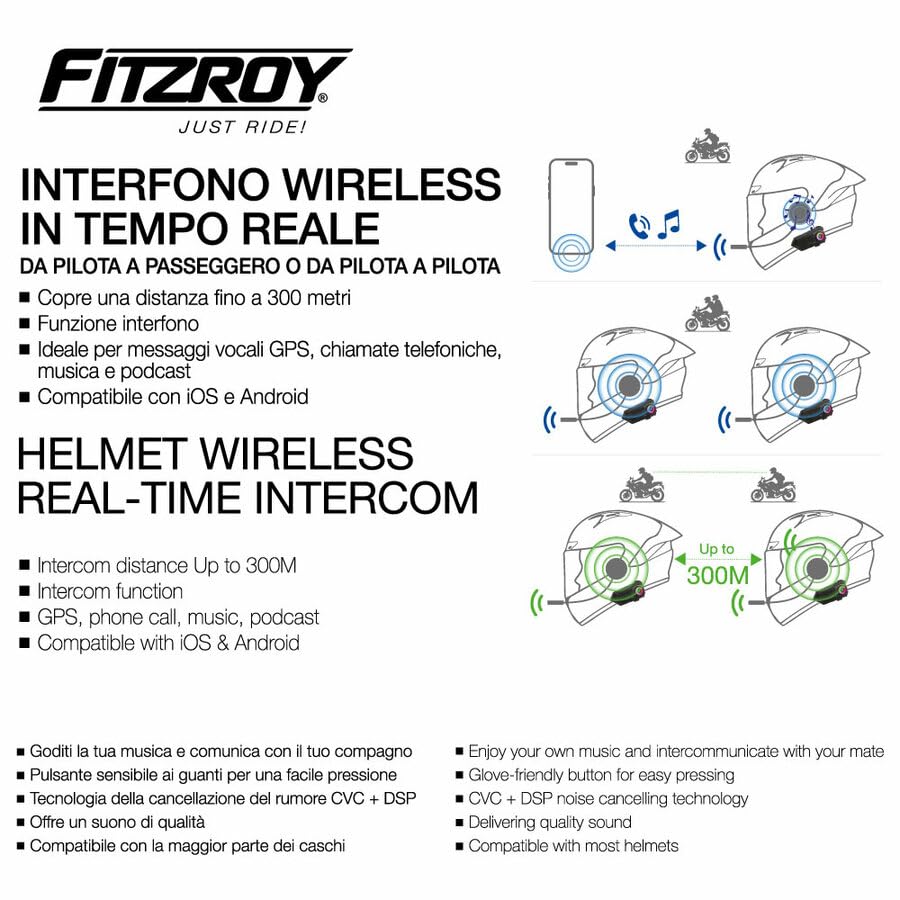 FITZROY Interfono Casco Moto Bluetooth 5.3 - Ideale per Interfono Moto Coppia Fino a 300m - Cancellazione Rumore CVC DSP e Impermeabile IPX6 - Batteria 1000mAh Universale per iOS e Android