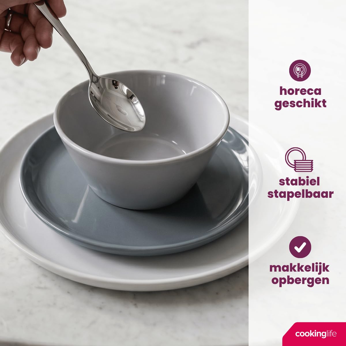 Cookinglife Serviesset Siaki - Wit/Blauw/Grijs - Porselein 18-delig / 6 personen - 6 dinerborden, 6 koszulek i 6 komentarzy