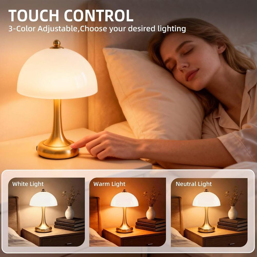 LED Pilz Tischleuchte Gold Akku Dimmbare Tischlampe Touch Kabellos Nachttischlampe Ohne Kabel USB Aufladbar Pilz Lampe Tragbare Tisch Lampe mit Batterie für Drinnen Schlafzimmer Restaurant 2 Stück