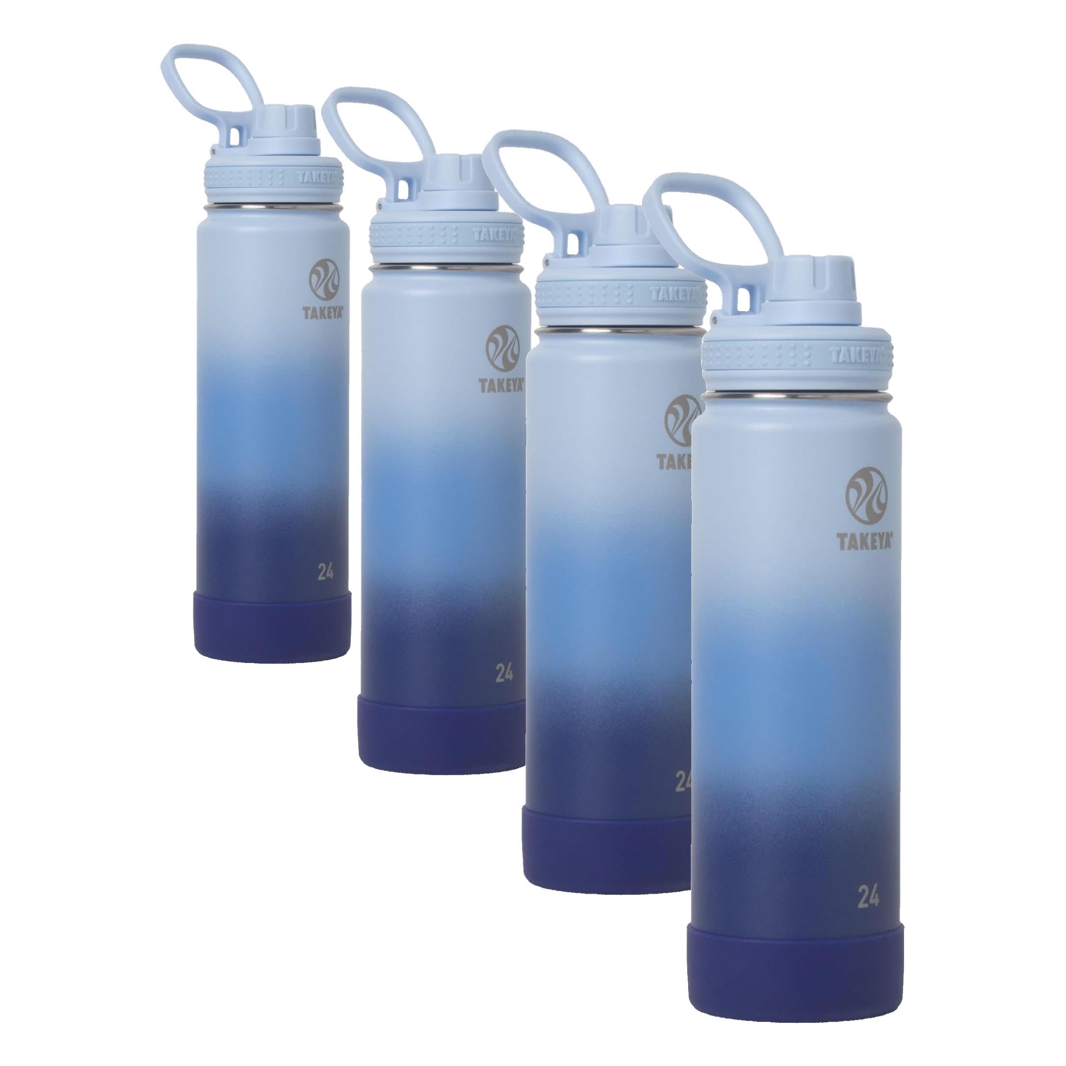 Takeya Actives Stainless Steel WaterBottle,Insulated Spout Lid,Keeps Drinks Cold 24 Hrs,Leakproof,Durable,Dishwasher Safe,Ideal for Gym,Travel,Fits Most Cup Holders,24 oz/Ombre PacificBlue (Pack of 4)