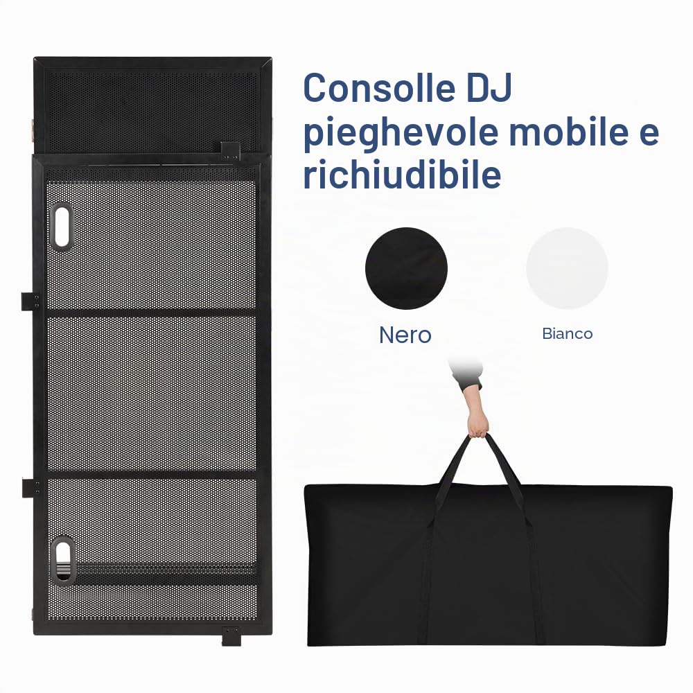 SMONTER tavolo DJ pieghevole mobile e ripiegabile, consolle DJ con rivestimento nero e bianco, supporto DJ regolabile in altezza e cabina DJ (105 cm L x 51 cm P x 117 cm A), attrezzatura DJ per feste