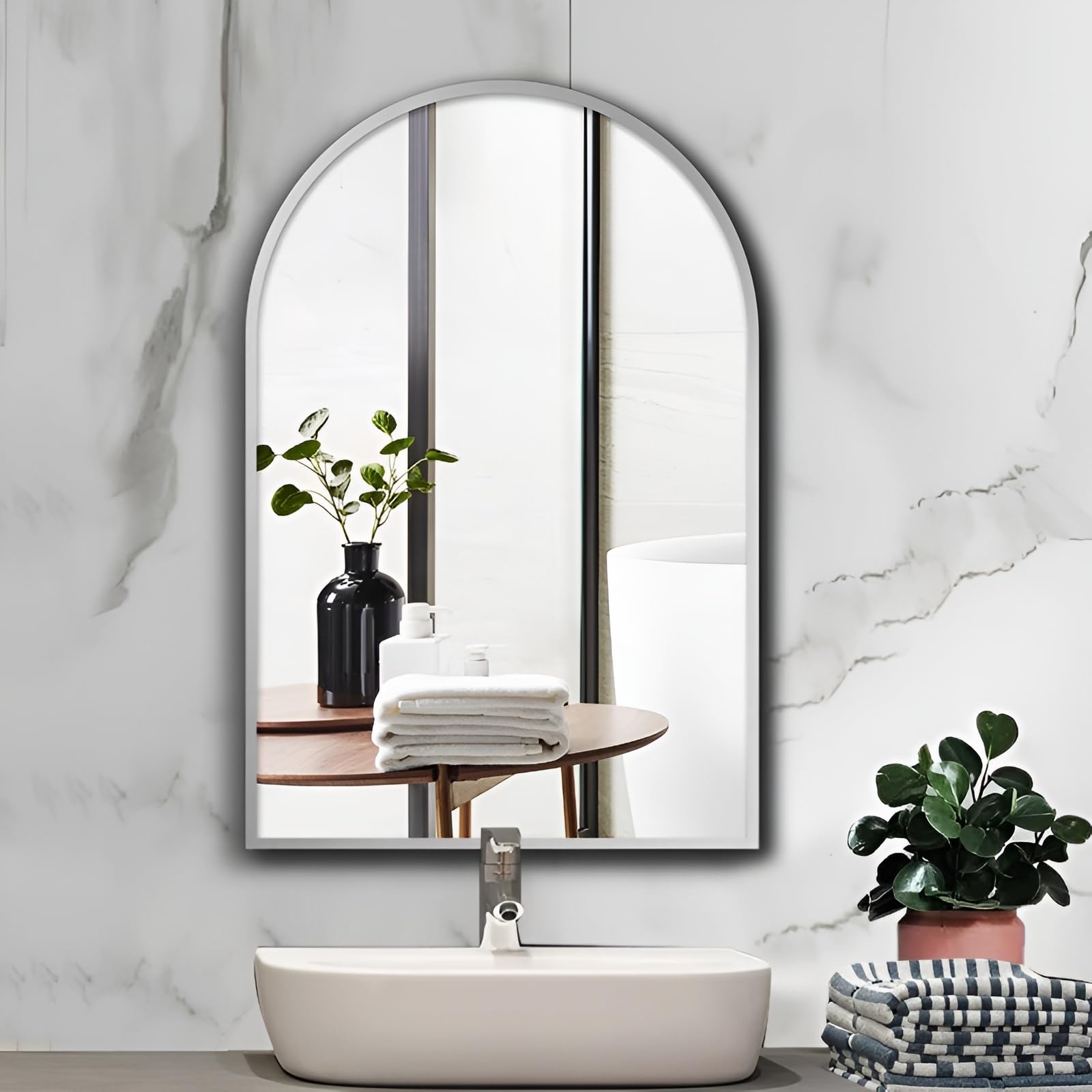 FGXHHS Bathroom Wall Mirror, Arched, Aluminium Frame, 15.7x23.6in, 19.7x31.5in, 23.6x35.4in, HD Vanity Mirror For Living Room, Bedroom, Hallway(Silver,60x90cm/23.6x35.4in)