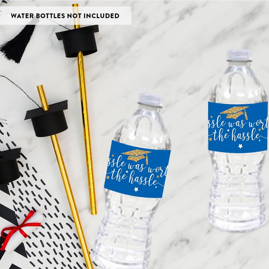 Andaz Press Royal Blue and Gold Glittering Graduation Water Bottle Labels, 20-Pack Graduation Party Favors Class of 2026 Grad Water Bottle Stickers