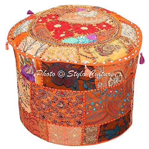 Stylo Culture Pouffe Seat Bean Bag Ottoman Pouffe Large Cover Orange Ethnic Embroidered Patchwork Cotton Traditional Round Fabric Ottoman Pouf Cover (22x22x13 Inch) 55cm (COVER ONLY)
