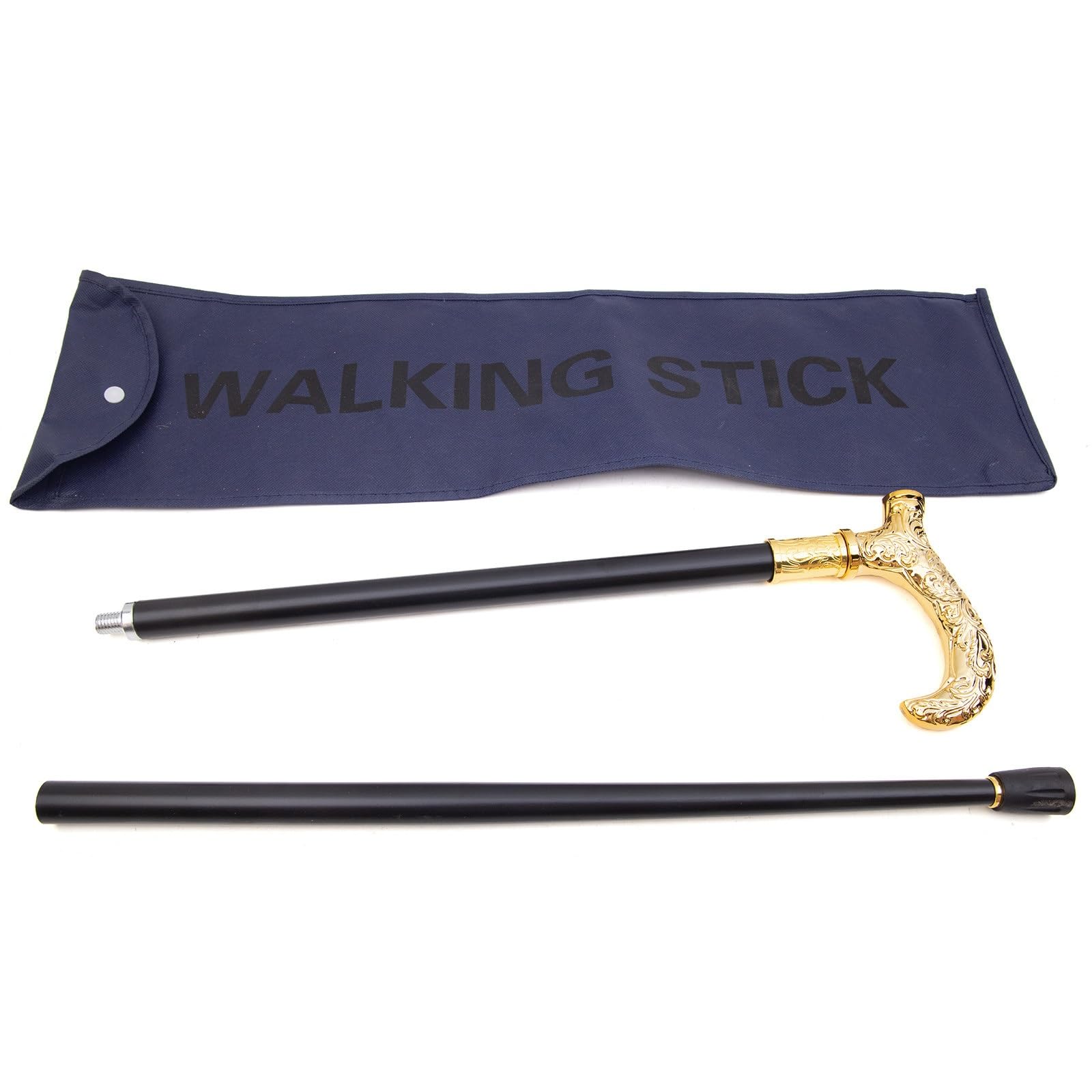 Bastón de Caminata Opulento con Mango Curvo Grabado en Oro - 93 cm, Acero Negro Elegante Caballero, Cosplay, Ocasiones Formales & Fiestas