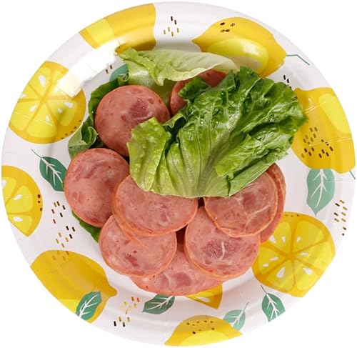 Miniatura 5 de Platos de fiesta de papel de limón metálico dorado, platos de postre desechables de lámina dorada a granel, platos decorativos de frutas florales de