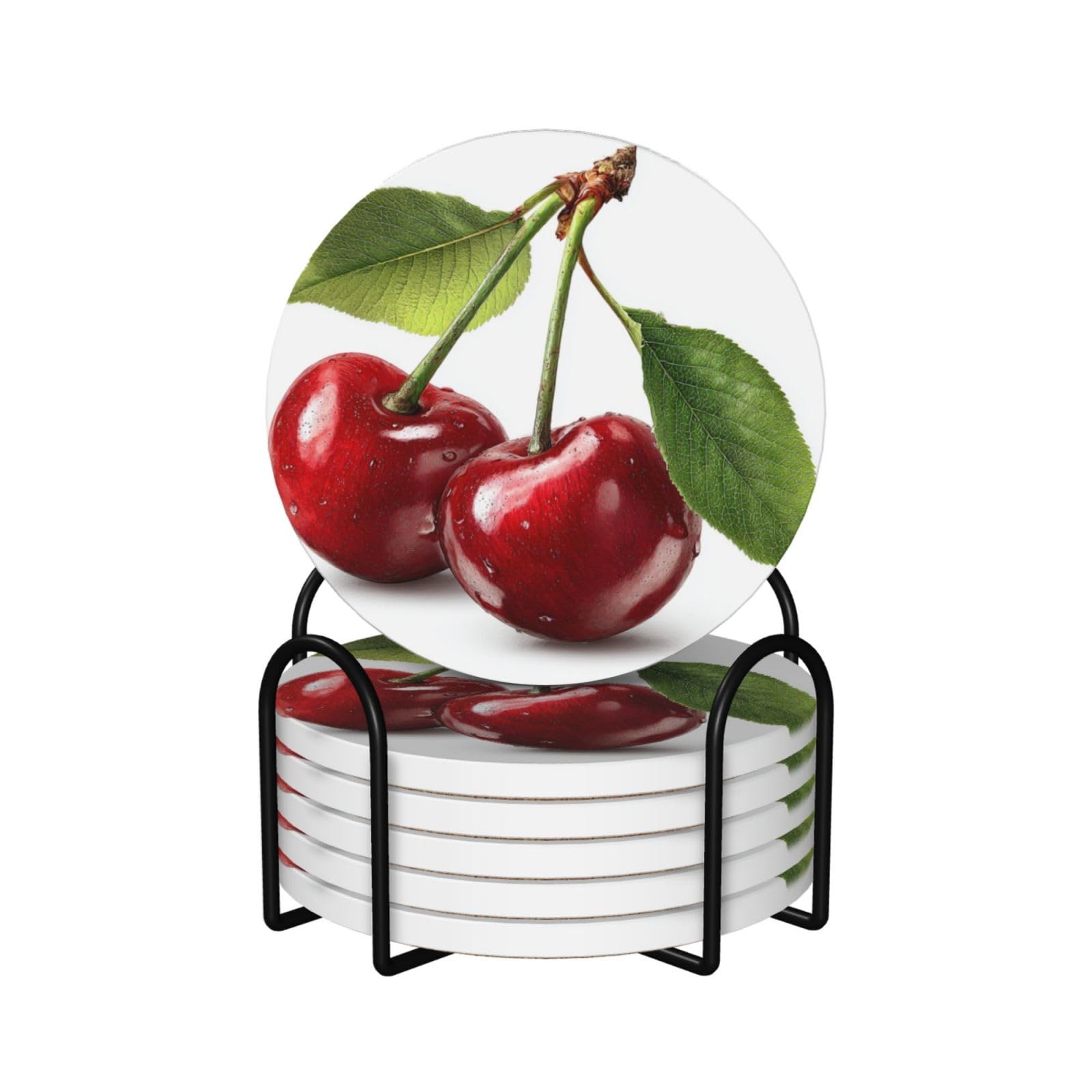 Two Red Cherries with Green Leaves Ceramic Coasters with Holder 6ps