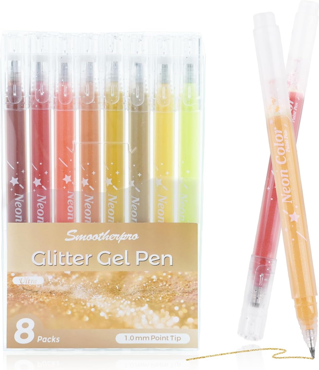 SMOOTHERPRO Metallic Glitter Gel Pens | Pack of 24 | 1.0 mm Tip Glitter Sparkly Biro | Gel Pens for Adult Colouring Books Cards Journaling Crafting Drawing Writing（GLP024C）| 24 Colours