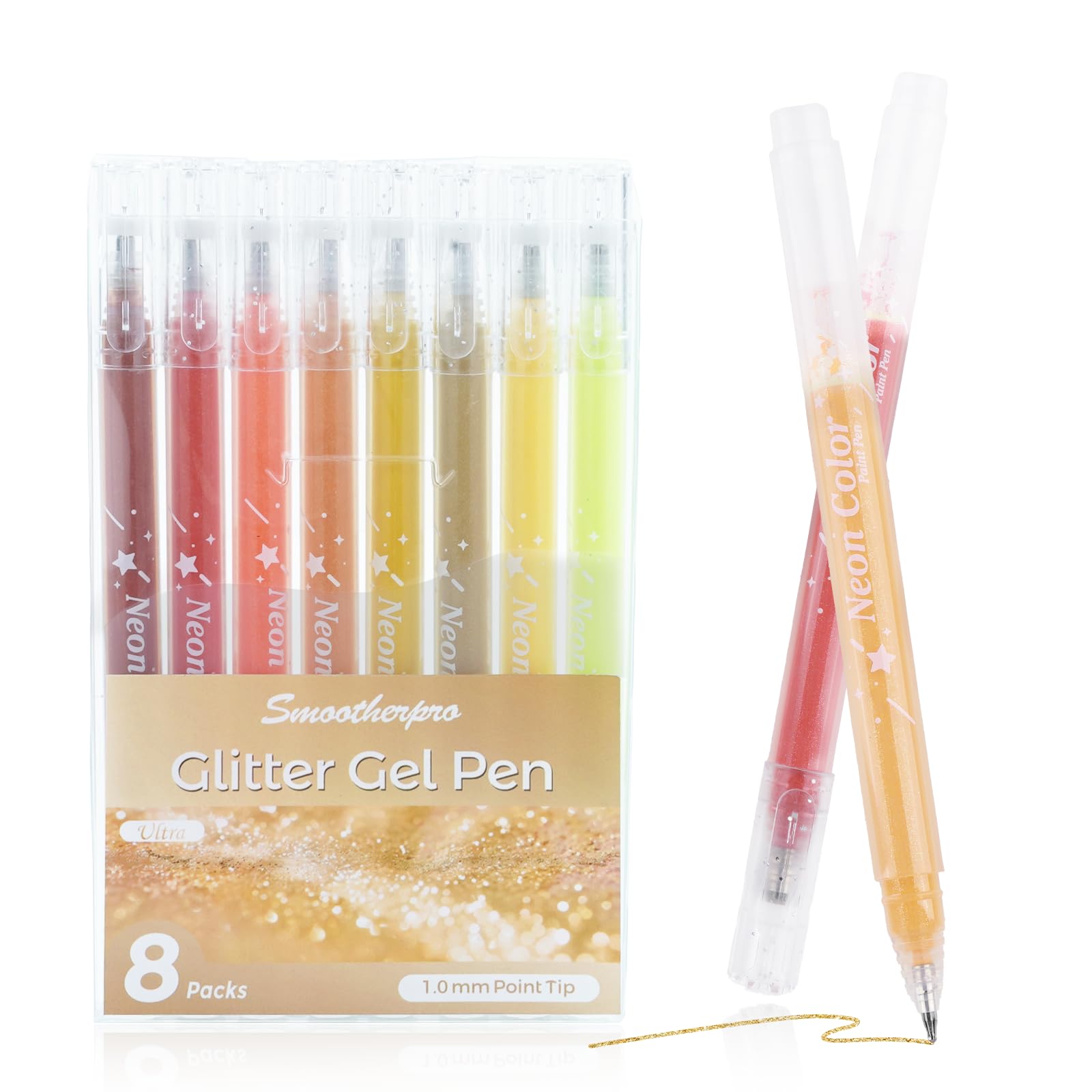 SMOOTHERPRO Metallic Glitter Gel Pens | Pack of 8 | 1.0 mm Tip Yellow Glitter Sparkly Biro | Gel Pens for Adult Colouring Books Cards Journaling Crafting Drawing Writing（GLP008Y）| Yellow Series — image 1