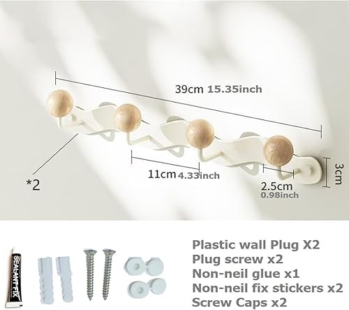 Miniatura 2 de Nolbiph Ganchos para colgar en la pared, estante de metal impermeable con rieles de haya maciza natural para abrigos, bufandas, bolsos, tazas,