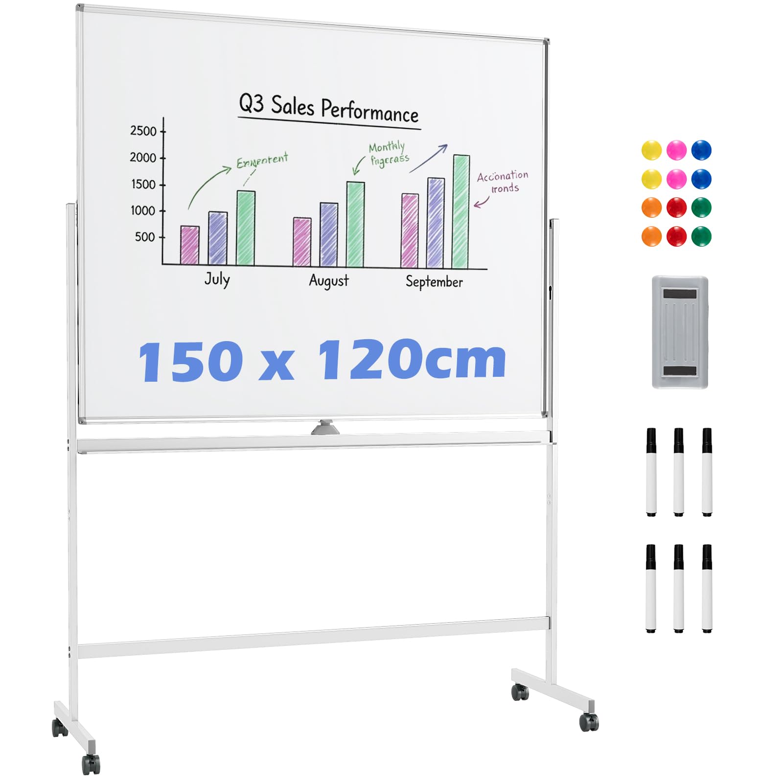 COSTWAY Double Sided Magnetic Whiteboard, Mobile Reversible Dry Erase Board with Black Markers, Eraser, Magnets & Marker Tray, Height Adjustable Standing White Board (White, 150 x 120cm)