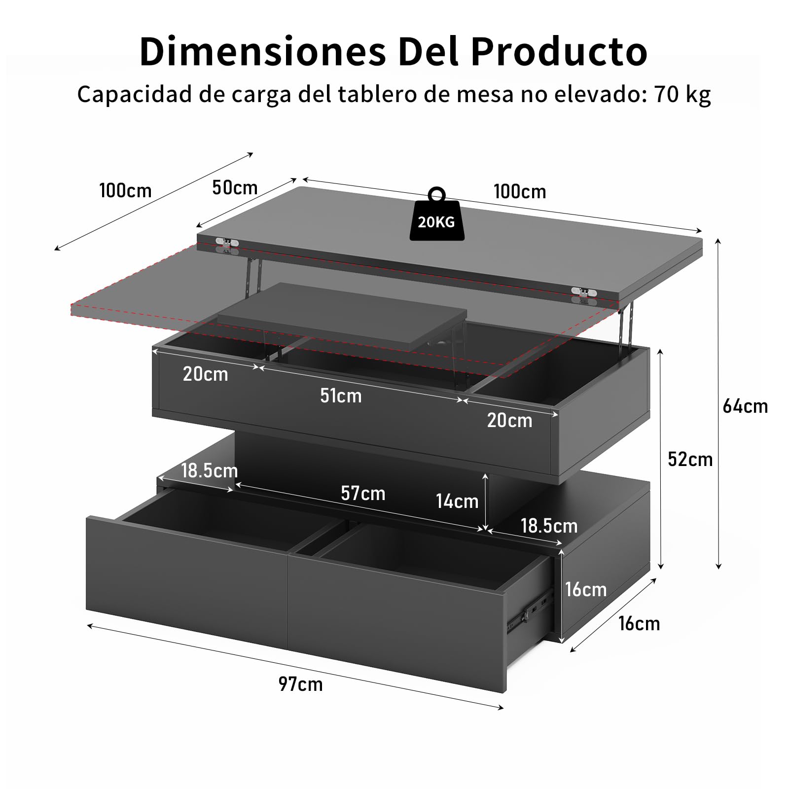 Mesa de Centro Elevable y Extensible, Mesa de Centro Salon con 3 Cajones y Espacio de Almacenamiento Oculto, Mesa de Café o Mesa de Comedor, Adecuada para Sala y Oficina, Negro