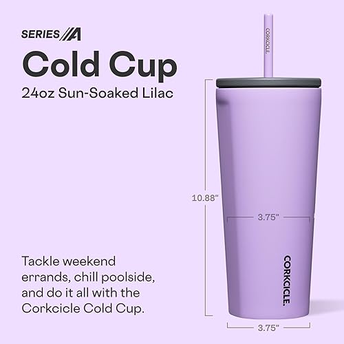 Miniatura 2 de Corkcicle Vaso aislado con tapa y pajilla, lila empapada por el sol, de 24 onzas, botella de agua reutilizable mantiene las bebidas frías durante 12