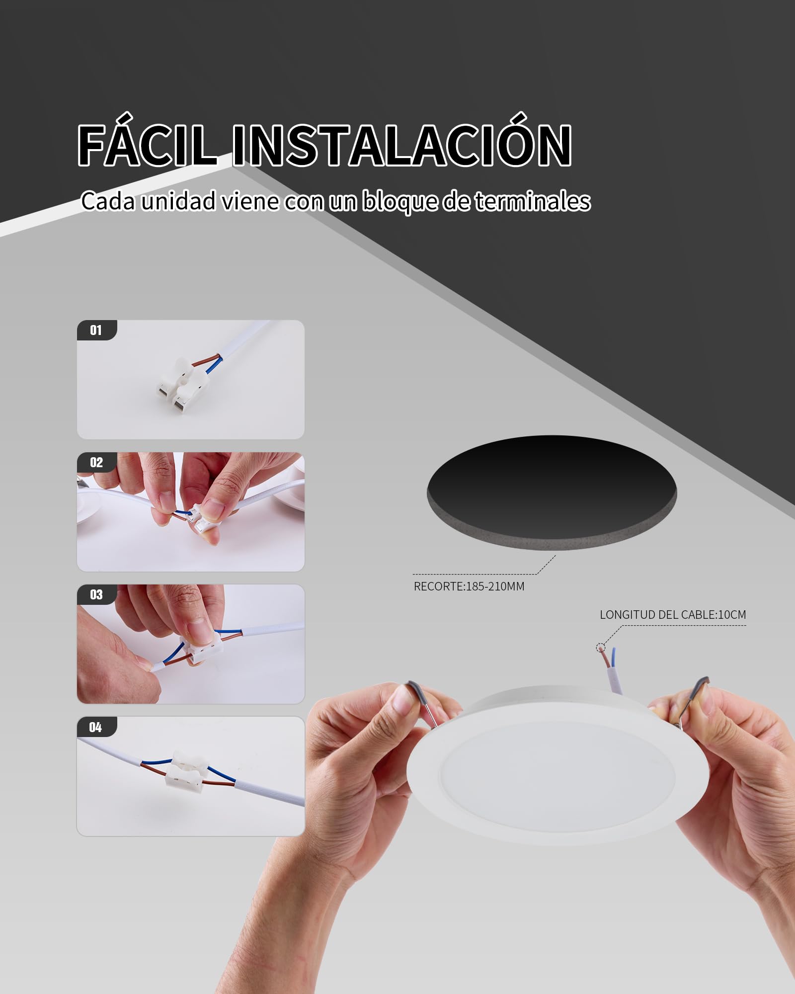 Downlight LED Techo Empotrable Regulable 24W (240W), Redondo Downlight LED 220mm, Placa Extraplana 2200 lúmenes, Corte techo Ø185-210mm, Luz Seleccionable 3000K-4000K-6000K (3CCT),2 unidad