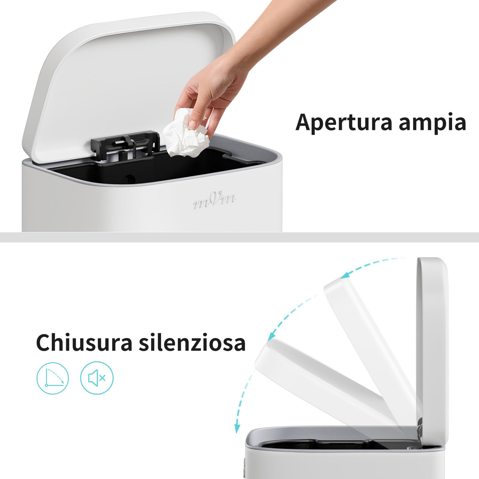mVm Pattumiera Cucina, Pattumiera 30 litri, Acciaio, Secchio in Plastica Rimovibile, Cestino a Pedale con Coperchio Maniglie Chiusura Morbida, per Cucina, Ufficio, Bianco