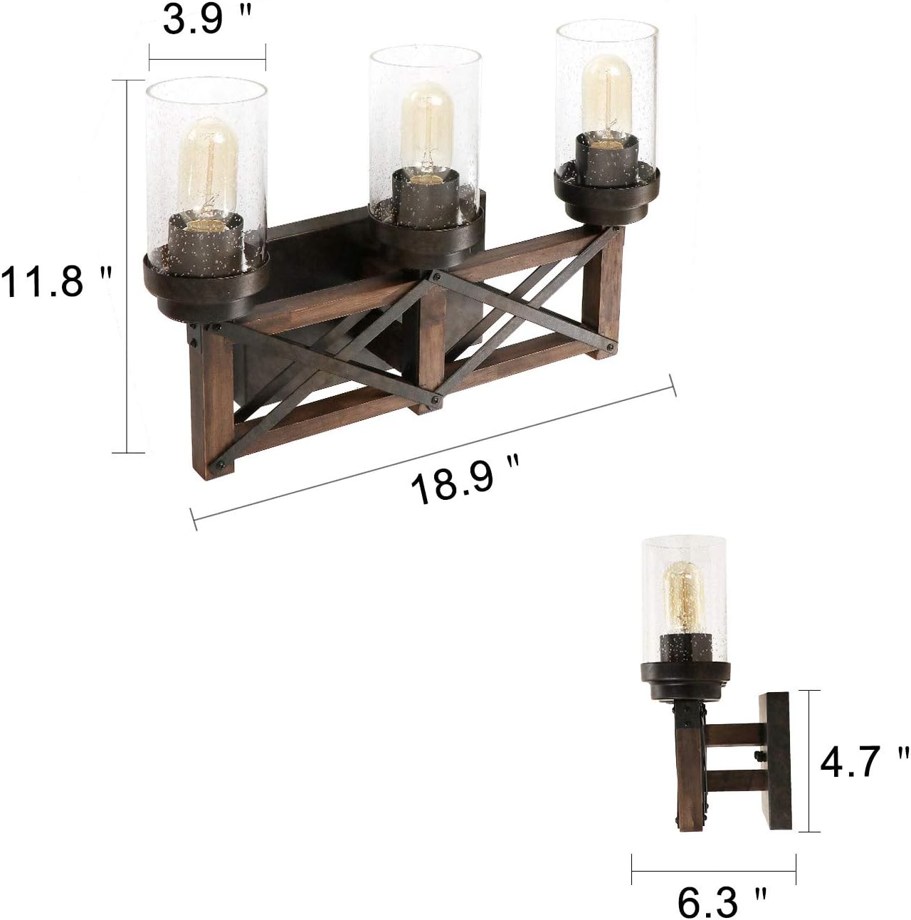 New Product Eumyviv Industrial 3 Lights Bathroom Vanity Light with Seeded Shades, 18.9L Distressed Wood Farmhouse Rustic Wall Sconces Vintage Edison Wall Lamp Light Fixture, Black and Brown(W0070)