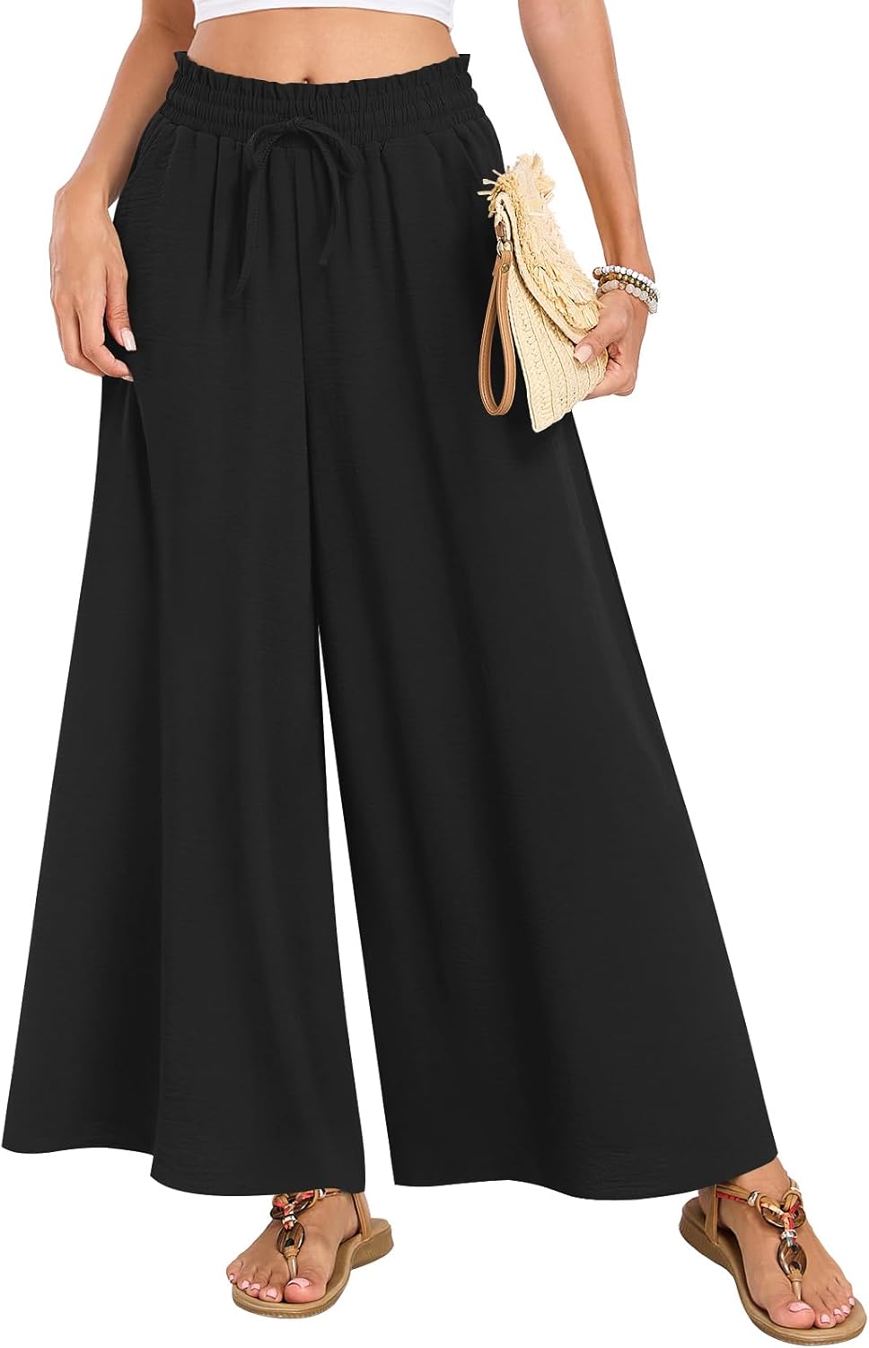 Netsmile Women's Wide Leg Palazzo Pants Dressy Flowy Casual High Waist Drawstring Beach Boho Trousers with Pockets - Image 2