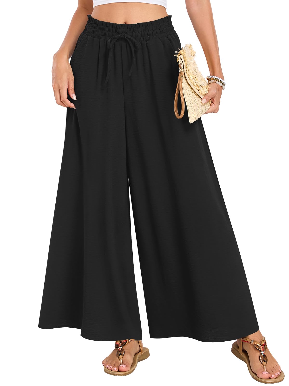 Condition photo showing New/Like New for netsmile women wide leg palazzo pants gaucho flowy boho with pockets | high waist drawstring dressy casual loose trousers summer vacation beach outfits