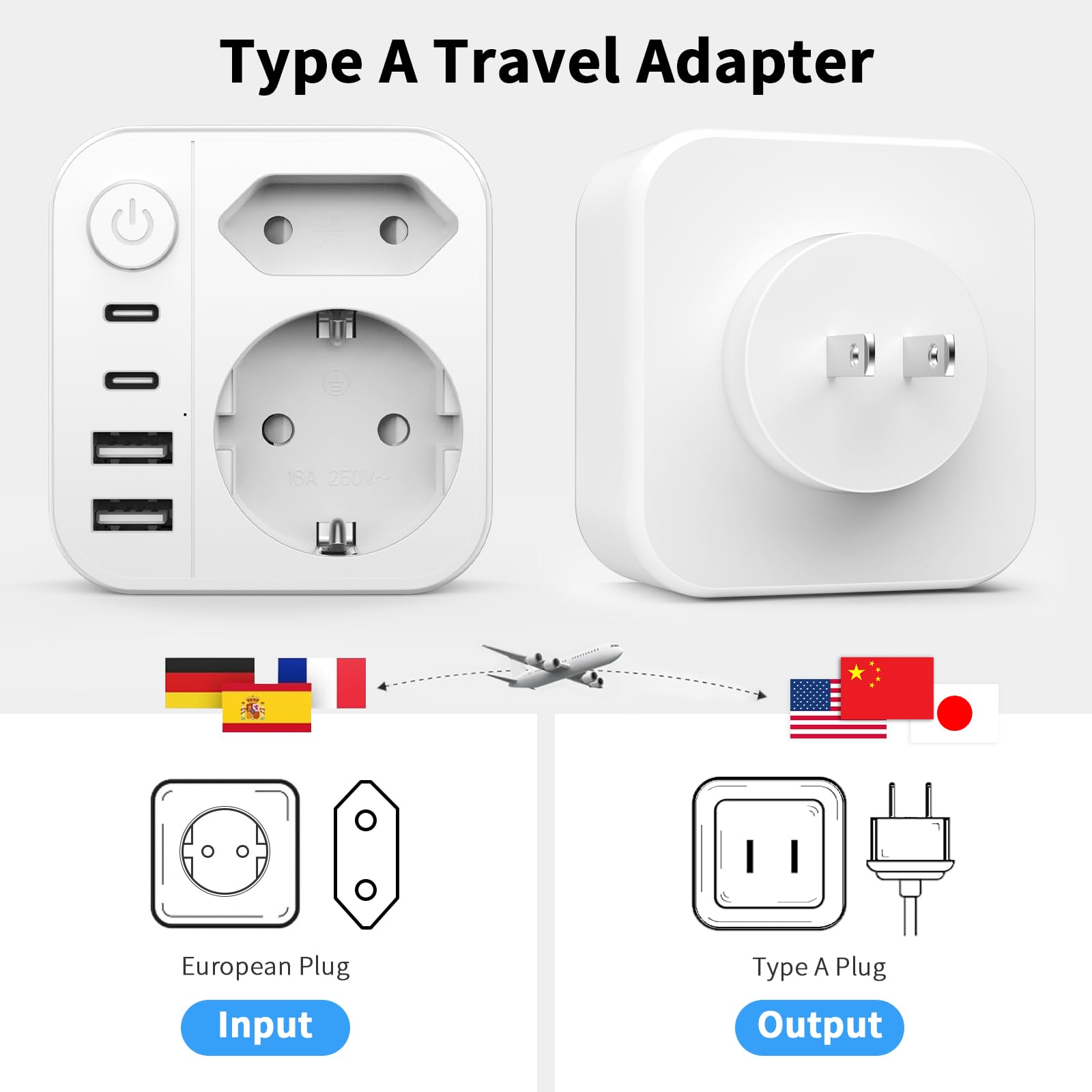 Adaptateur Prise Japon 6 en 1, 2500W Voyage avec 2 USB C et 2 USB A, Schuko vers Type A USA Chine Canada Thaïlande