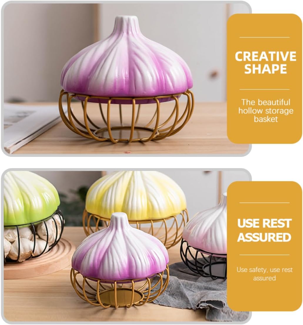 Mikinona Multi-function Garlic and Egg Storage Basket Lid, Purple Ceramic and Gold Iron Kitchen Holder for Home Countertop Organization and Fruit Bowl Use