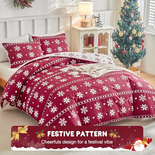 Image of Lekesky Christmas Duvet Cover King Size,3 Pieces Reversible Duvet Cover Set with Snowflake Holiday Bedding Set with Zipper and 8 Corner Ties, 1 Duvet Cover 104x90 inches + 2 Pillowcases