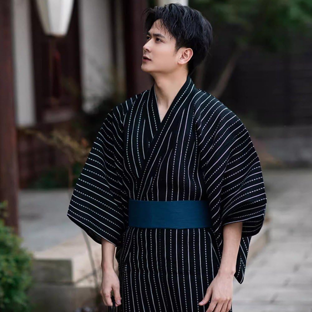 Japonés Tradicional Yukata Hombres Kimono Largo Yukata Kimono Suelta De Baño con Cinturón para Hogar Sauna Cosplay