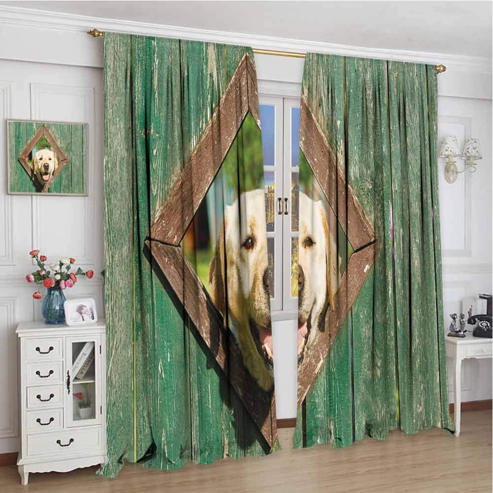 wonderr Window curtains W60 x L84 Inch,Rod Pocket Curtain Panels for Bedroom & Kitchen,Funny,Curious Dog is Looking from Window in Old Rustic Wooden Fence Cheerful Print,Forest Green Brown