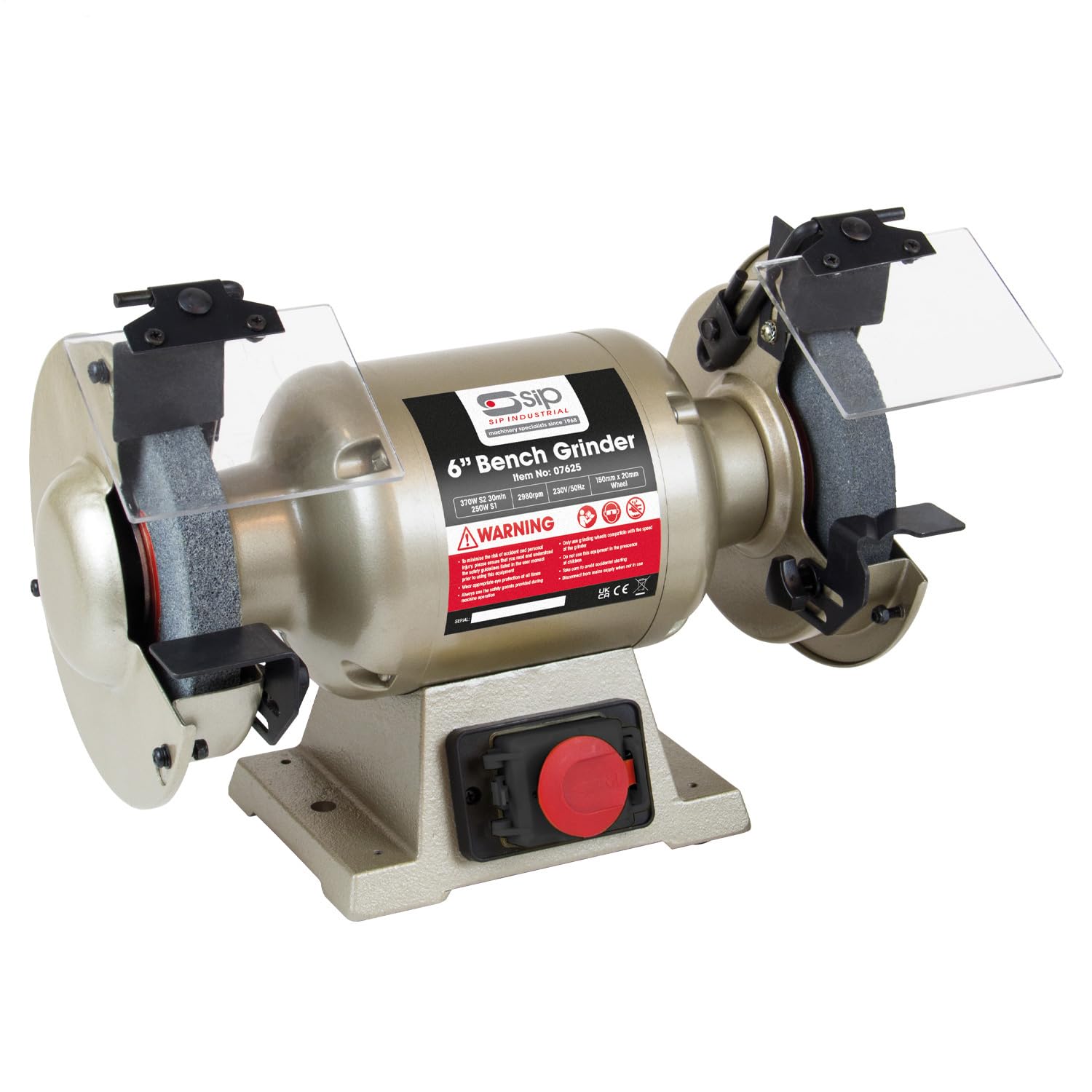 SIP Electric Bench Grinder 6" 230V 370W 2980RPM 150mm x 20mm Wheel, Coarse and Fine Grit Grinding Wheels with a Wire Wheel Included