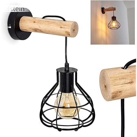 EGLO Townshend Wandlamp Vintage - Houten Balk Met Zwart Metaal, E27 Fitting En FSC Hout