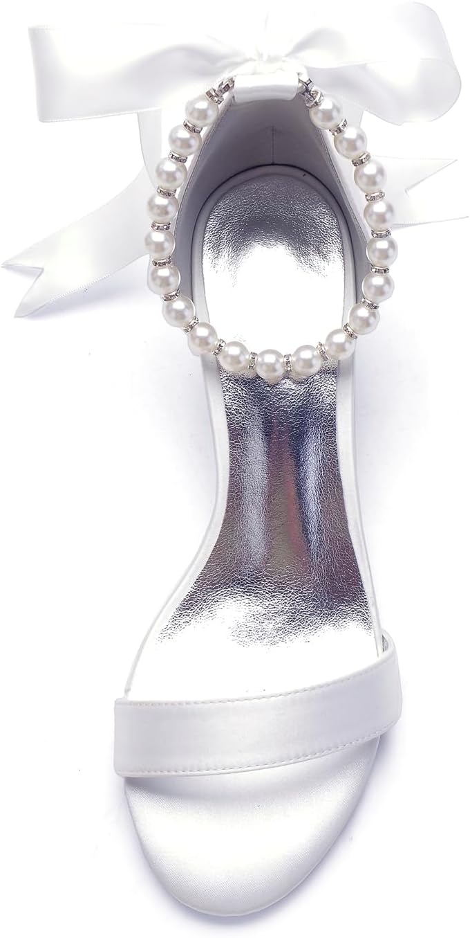 Anna's Bridal Women's Low Block Heel Sandals Chunky Ankle Strap Pearl Wedding Dress Shoes Low Heel Comfortable Pump Sandals - Image 3