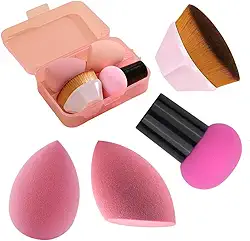Kit Esponjas e Pincel para Maquiagem Profissional com Estojo – 1 Pincel Hexagonal, 1 Esponja Cogumelo, 2 Esponjas Gota 3D – Aplicação de Base, Corretivo, Contorno, Pó, Blush e Iluminador