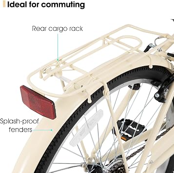 HILAND 26 inch Beach Cruiser Bike for Men and Women, 7 Speed Step-Through Frame Adult Bicycle with Rear Rack, Retro Bike Commuter City Bicycle