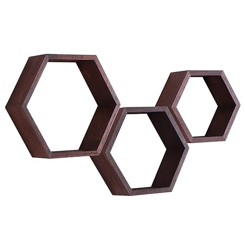 PHOENANCEE Hexagon Floating Shelves,Honeycomb Shelf Set of 3,Wood Farmhouse Hexagonal