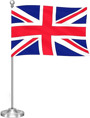 G128 Juego de banderas de escritorio de lujo del Reino Unido del Reino Unido, 8.5 x 5.5 pulgadas, poliéster 300D impreso, con cúpula y base