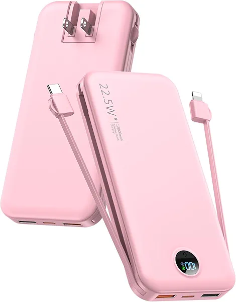 Portable Charger Power Bank, 12000mAh 22.5W USB C Fast Charging with Built-in Cables and Wall Plug, Travel Essential Battery Pack with LED Display for iPhone, iPad, Samsung Pink Pink 12000ma