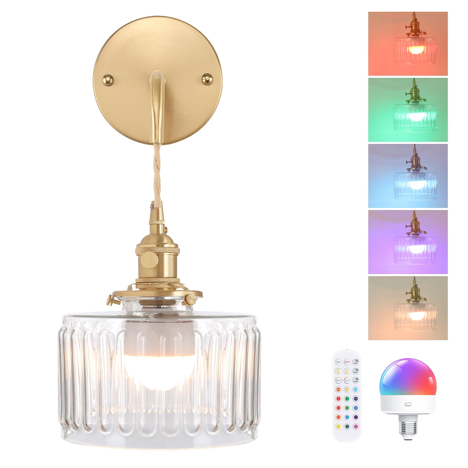 Shenmoyl Battery Operated Wall Light, Rechargeable Wall Lamp Indoor with Adjustable Cord, Vintage Wall Sconce Decor for Bedside Living Room Bedroom Bathroom, Z-Striped Clear