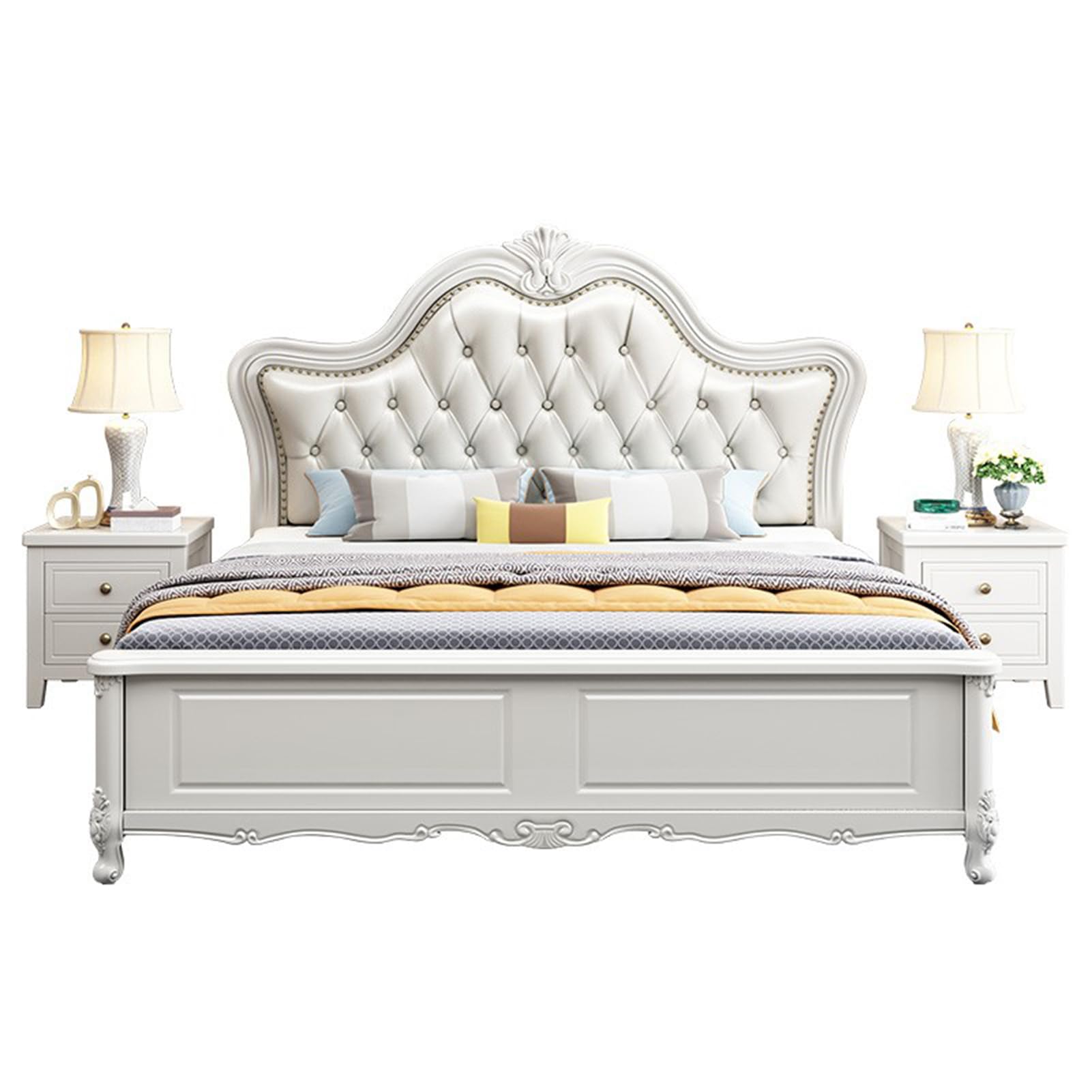 Mid-Century King Size Genuine Leather Wood Bed Upholstered Platform Bed Frame Thick Padded Headboard with Headboard and Lift