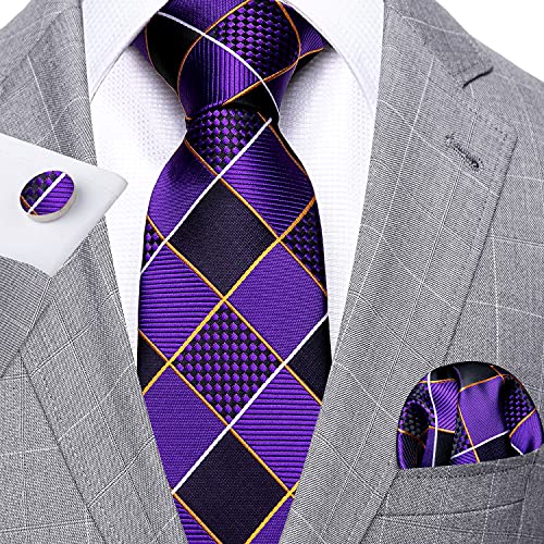 Image of Barry.Wang Plaid Ties Check Mens Necktie Set with Handkerchief Cufflinks Classic Stripe