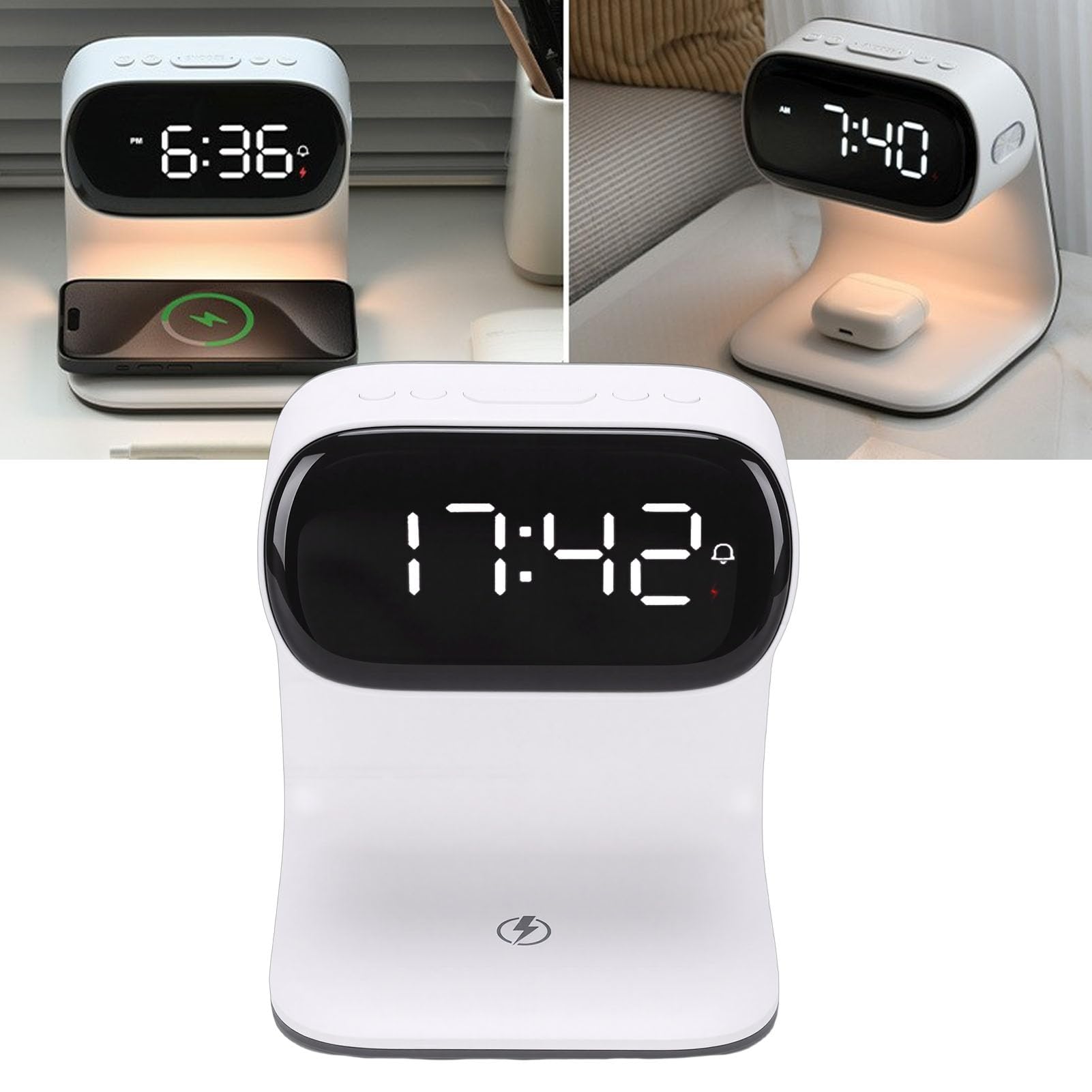 Buachois Sveglia Digitale con Stazione di Ricarica Wireless Luci Notturne | Sveglia digitale con stazione ricarica wireless 15W luce notte touch per camera da letto soggiorno