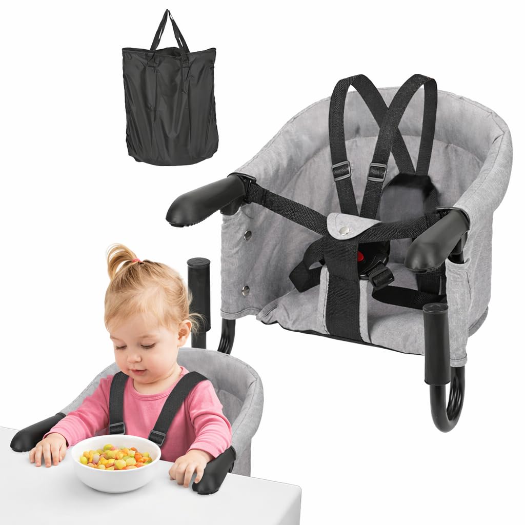 Klappbarer Babytischsitz mit Verstärkter Klemme (Grau) – Tragbar, inkl. Aufbewahrungstasche & Waschbar – bis 18 kg – aus Leinen