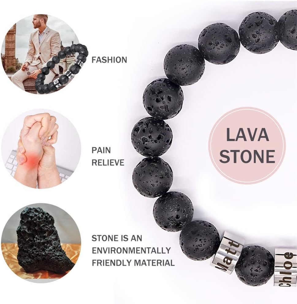Personalized Stone Beads Bracelets for Men with Name Engraved Lava Bracelet Tiger Eye Custom Family Fathers Day