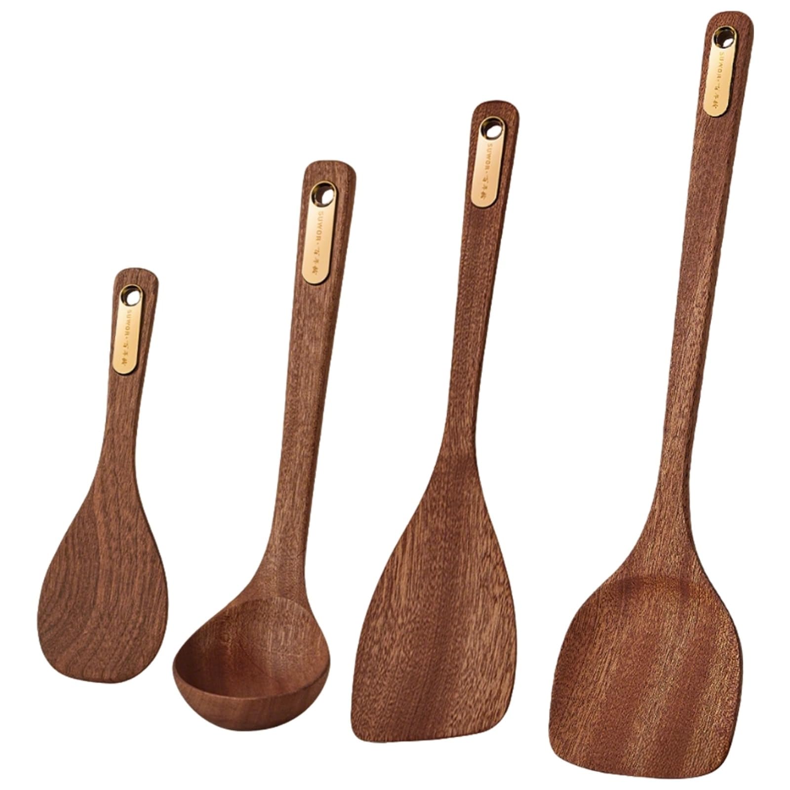 4 Stk. Utensilienset aus Ebenholz mit Goldfolien-Detail, Suppenkelle, Wokspatel, Bratspatel und Reisspatel, antihaftgeeignet und hitzebeständig, Kochutensilien für Küche und Alltag