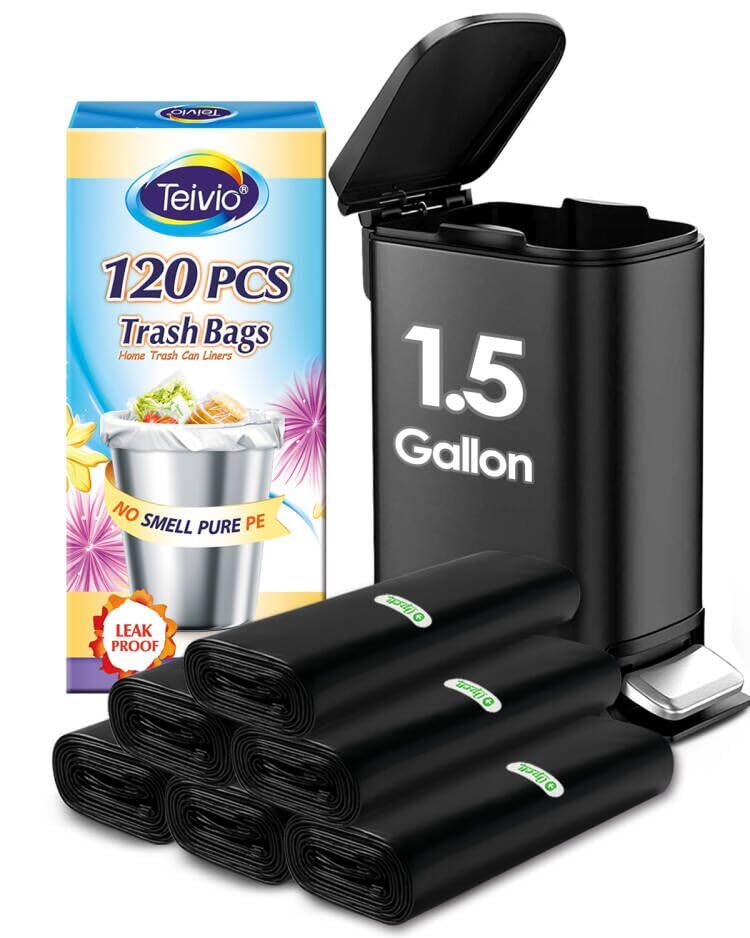 Teivio 1.5 Gallon(Fit 1.5-1.6 Gal)100 Counts Strong Trash Bags 1.5 Gallon 1.6 Gallon Garbage Bags, Bathroom Trash Can Bin Liners, Small Plastic Bags for home office kitchen, Black