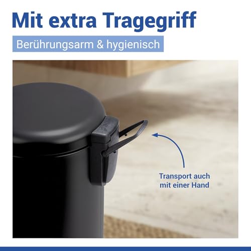 WENKO Kosmetikeimer 3 Liter, Stahl, herausnehmbarer Inneneimer mit Müllbeutelhalter, Mülleimer fürs Bad mit Deckel und Tretfunktion, ausklappbarer Tragegriff, Schwarz matt, Mod. Leman