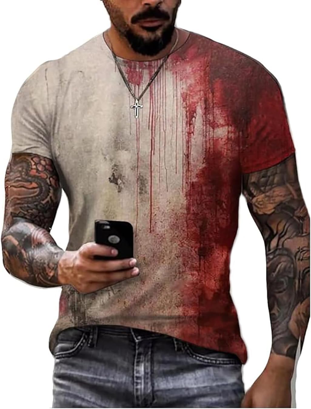 I'm Fine Bloody T Shirt for Men Halloween Bloody Shirt Costume Horror Blood Splatter Tshirts Short Sleeve Tops