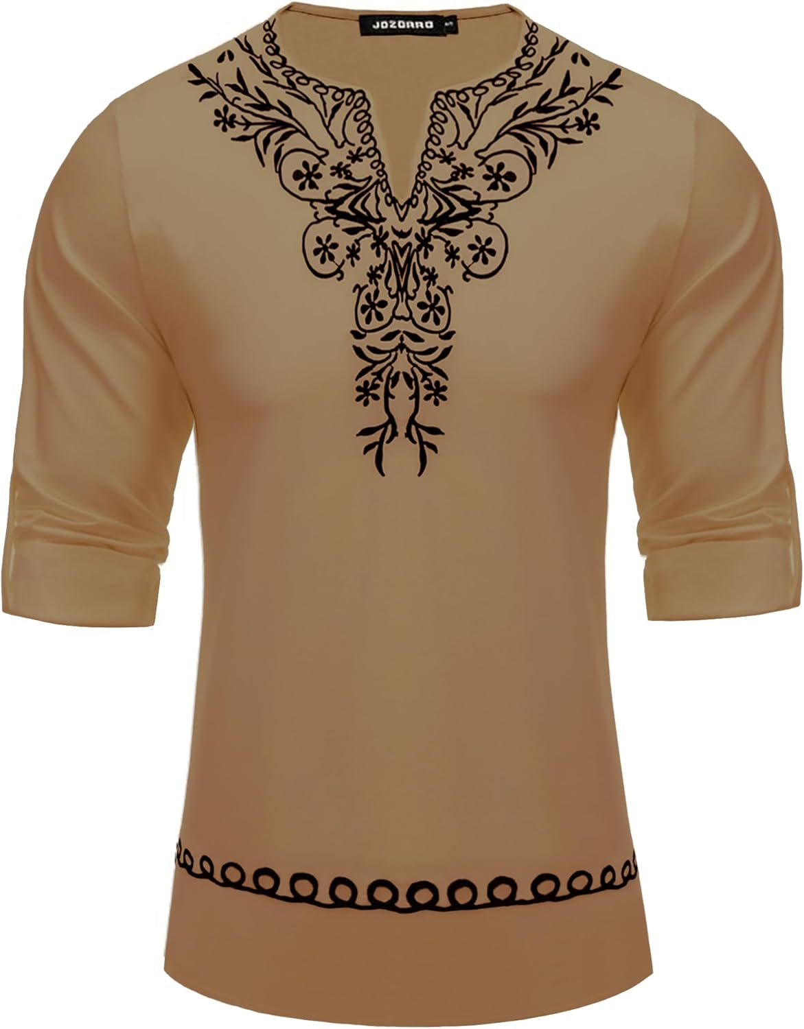 JoZorro Mens Polyester Linen V Neck Henley Shirt Long Sleeve Caftan Handmade Tunic Embroidered Casual Beach T Shirts - Image 3