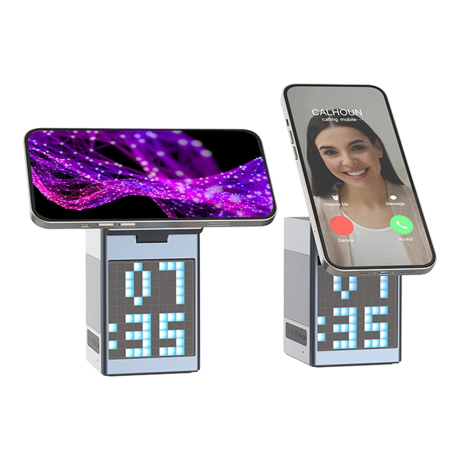 Station de Chargement sans Fil 6 en 1 pour avec Haut-Parleur Bluetooth, Affichage Pixel, Réveil, Chargeur sans Fil pour écouteurs de Montre de Téléphone, Station de Chargement