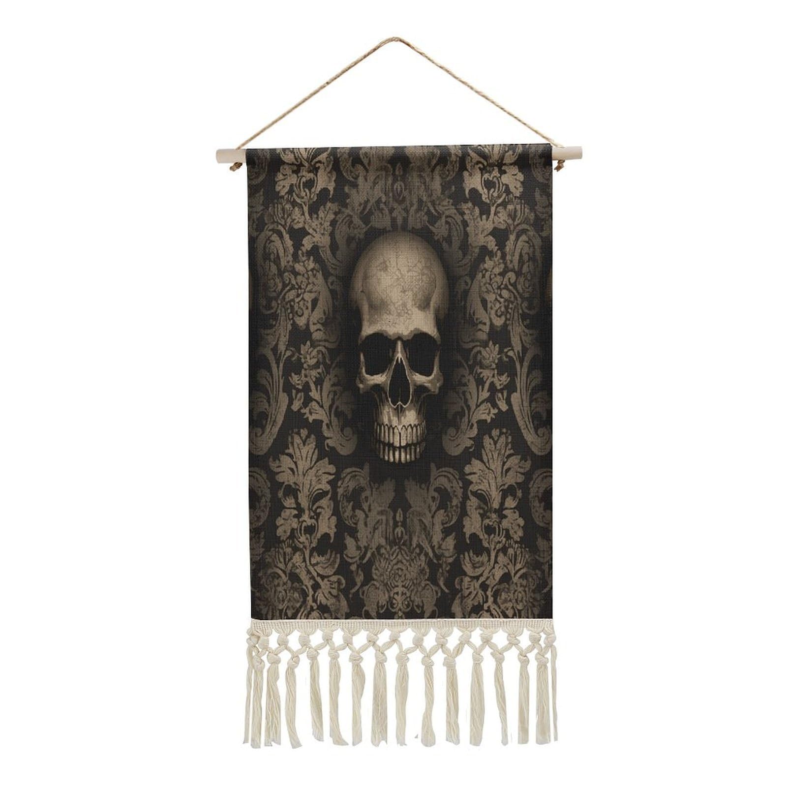 FekiLoot Gothic Wallpaper Skull Wall Art Poster Hanger Frame Vertical Tassel Tapestry Cotton Linen Hanging Poster Decorative Wall Art Prints Vintage Wall Art Decor for Home Bedroom Living Room Office