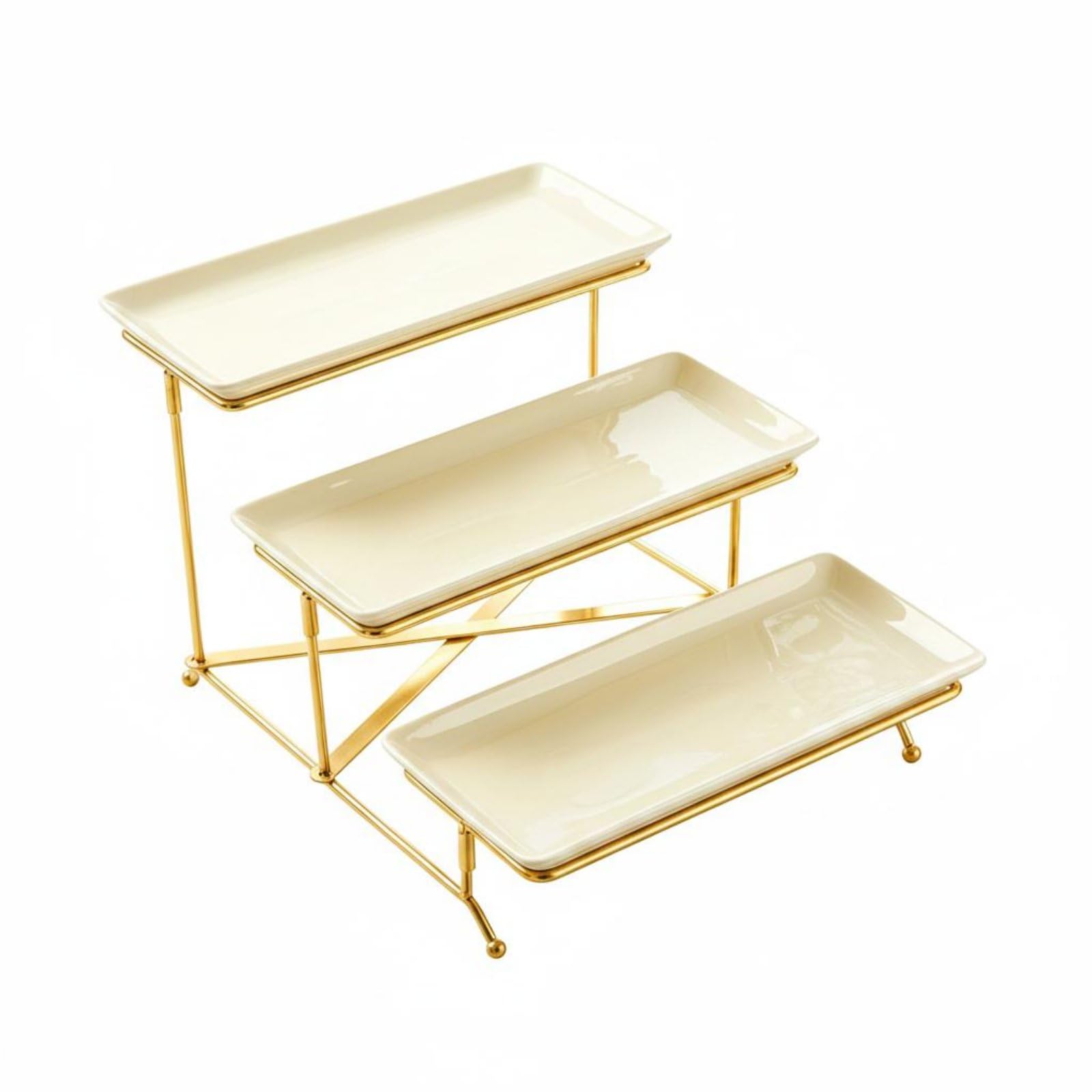 KESOTO Soporte para Postres Bandeja Cerámica Estante Metálico Presentación Escalonada Orden Desayunos Fiestas Adecuado para Celebraciones Fiestas Infantiles, 3-Layer Plate Set