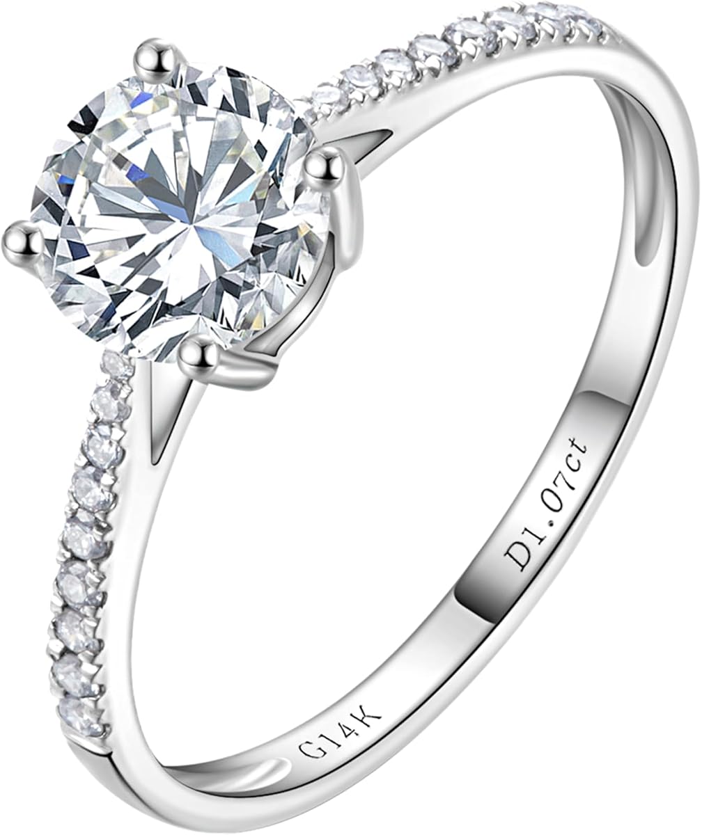 1-3 Carat Lab Grown Diamond Engagement Rings for Women,14K White Gold Classic 4-Prong IGI Certificate Round Cut Halo Ring,D-E Color VS1-VS2 Clarity,Wedding Band for Women
